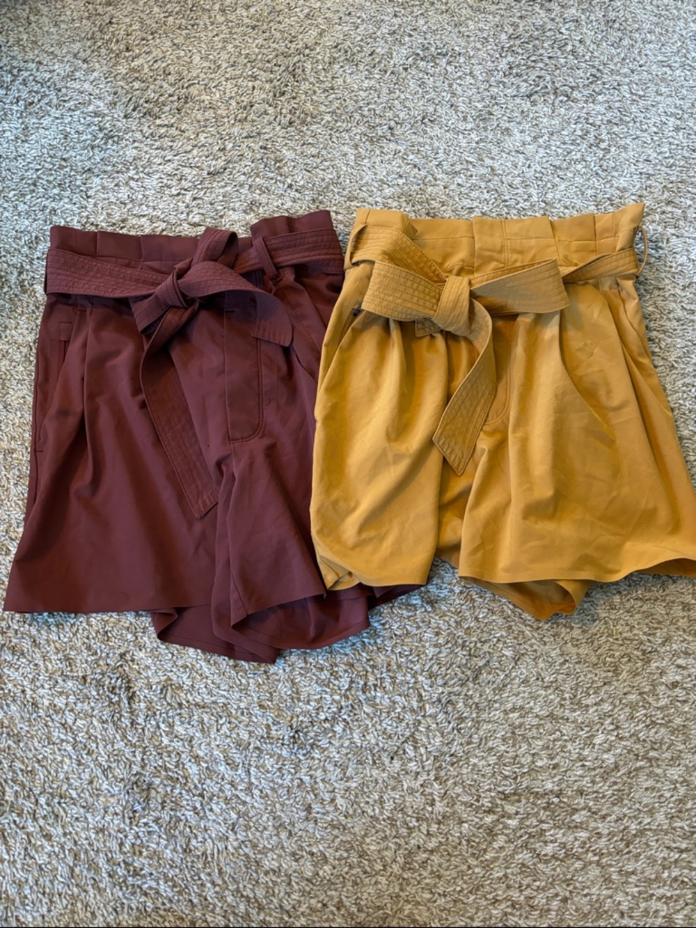 Athleta High-Waist Paperbag Shorts in Burgundy and Mustard